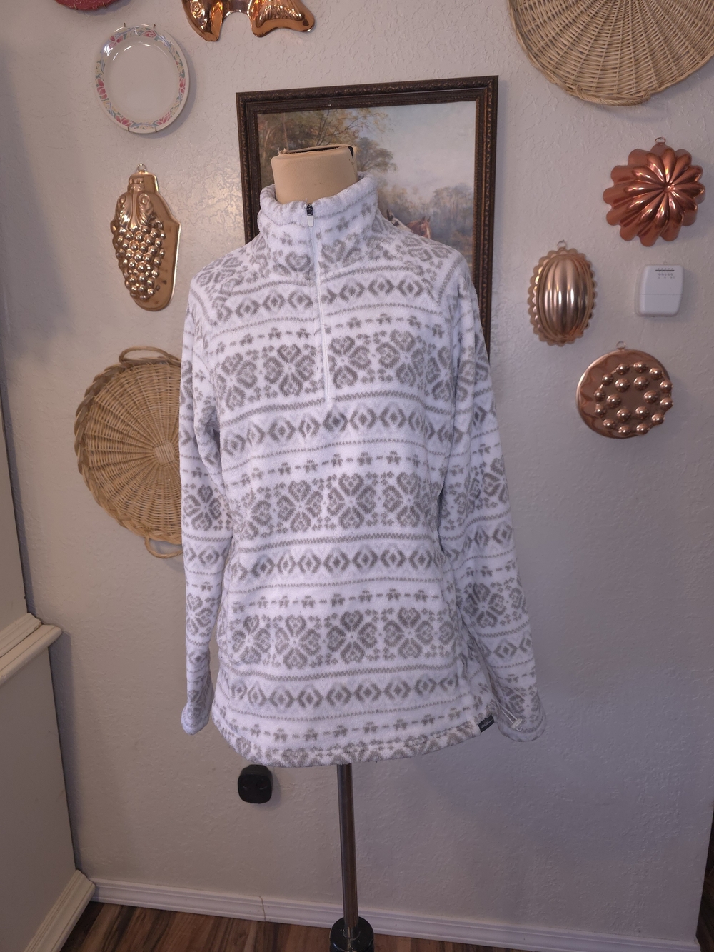 Eddie Bauer Fair Isle Quarter Zip Fleece Pullover Medium Ivory Gray Nordic Cozy